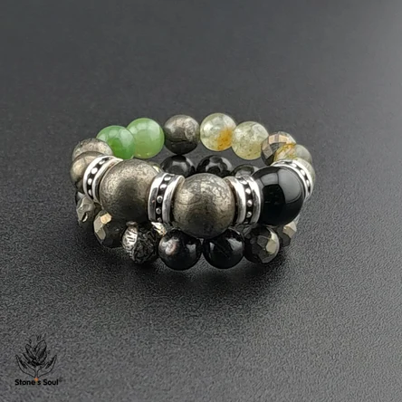 Колечки из натуральных камней: Чёрный агат, Пирит, Гиперстен, Нефрит, Зелёный гранат (гроссуляр)