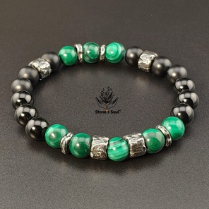 Браслет из натуральных камней: малахит, чёрный агат