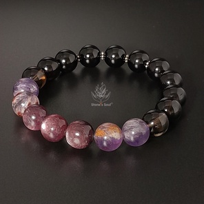 Браслет из натуральных камней: лепидолит, ауралит, раухтопаз, морион