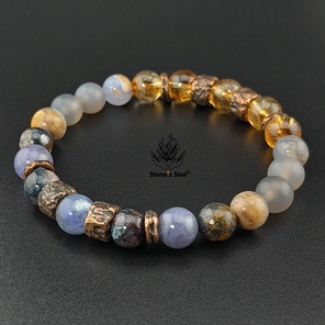 Браслет из натуральных камней: цитрин, халцедон,  петерсит, танзанит