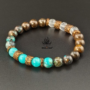 Браслет из натуральных камней: хризоколла, амазонит, бронзит, горный хрусталь