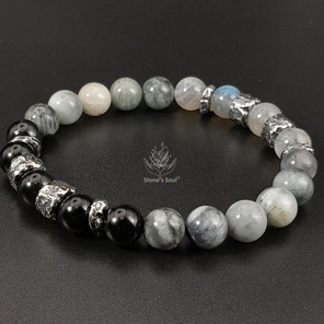 Браслет из натуральных камней: лабрадор, серый кварц, обсидиан