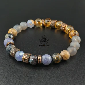 Браслет из натуральных камней: цитрин, халцедон,  петерсит, танзанит