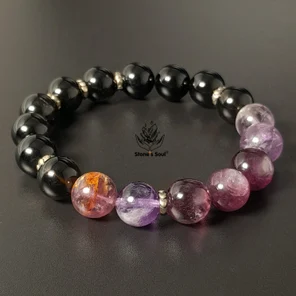 Браслет из натуральных камней: лепидолит,  морион, ауралит, раухтопаз (дымчатый кварц)