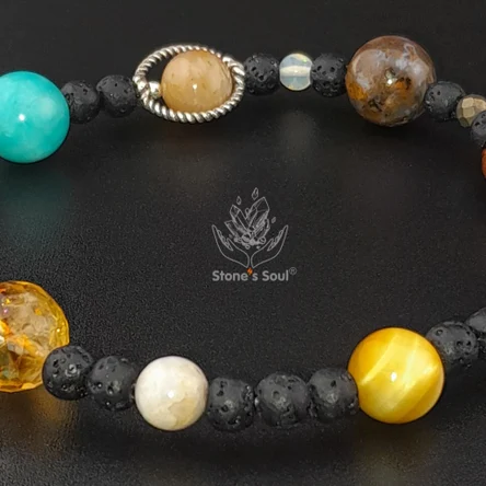 Браслет из натуральных камней: Цитрин, Окаменелый коралл, Тигровый глаз,  Азурмалахит,  Беломорит,  Коричневый обсидиан, Пирит,  Петерсит, Благородный опал,  Амазонит, Аквамарин,  Лава вулканическая