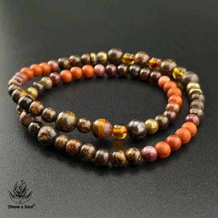 Браслет из натуральных камней: яшма, янтарь, бронзит