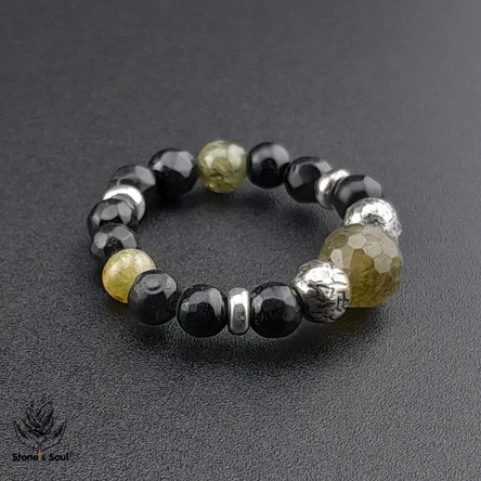 Колечко из натуральных камней: Чёрный агат, Зелёный гранат (гроссуляр)