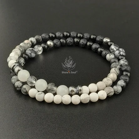 Браслет из натуральных камней: белый нефрит, серая яшма, лава вулканическая, гагат, обсидиан, говлит, кварц