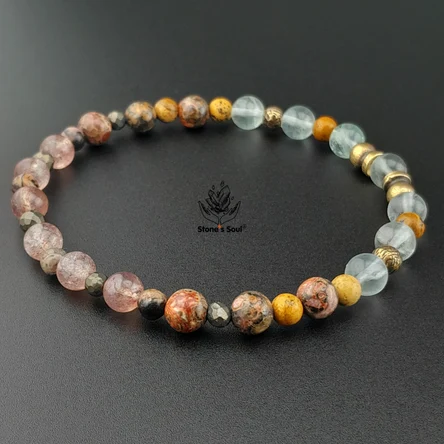 Браслет из натуральных камней: Леопардовая яшма, Клубничный кварц, Родонит, Пирит, Песочная яшма, Флюорит