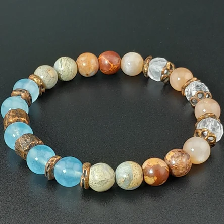 Браслет из натуральных камней: аквамарин, императорская яшма, солнечный камень, розовый кварц, горный хрусталь