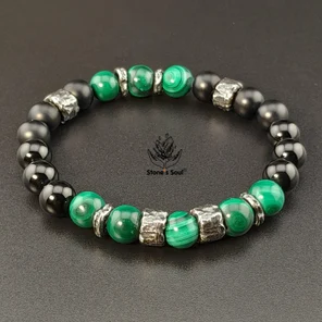 Браслет из натуральных камней: малахит, чёрный агат