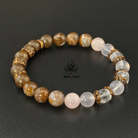 Браслет из натуральных камней: бронзит, петерсит, розовый кварц, горный хрусталь