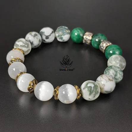 Браслет из натуральных камней: авантюрин с фукситом, моховый агат (матовый), селенит