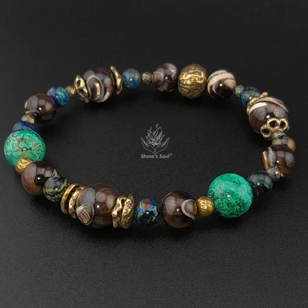 Браслет из натуральных камней: Перламутр, Азурмалахит, Хризоколла, Пирит