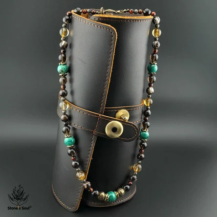 Колье из натуральных камней: Хризоколла, Перламутр, Дымчатый кварц (раухтопаз), Бычий глаз, Пирит