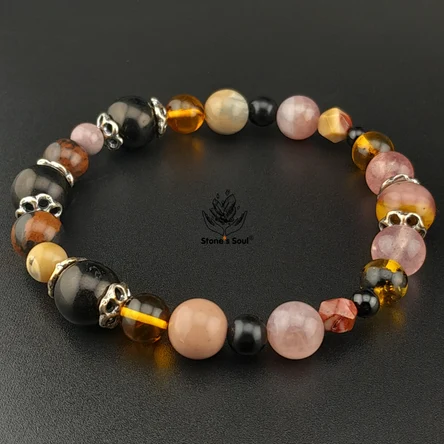 Браслет из натуральных камней: Яшма мукаит, Гагат, Янтарь, Обсидиан коричневый, Кварц розовый, Кварц клубничный, Шпинель чёрная