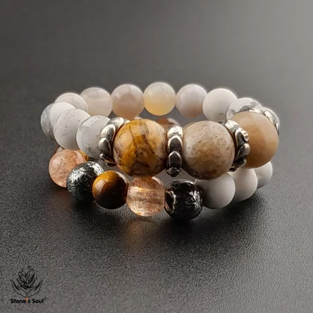 Колечки из натуральных камней: Окаменелый коралл, Солнечный камень, Тигровый глаз, Агат Ботсвана, Говлит