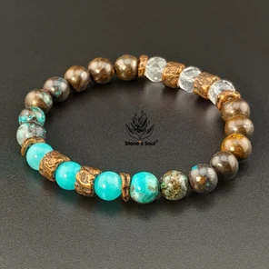 Браслет из натуральных камней: хризоколла, амазонит, бронзит, горный хрусталь