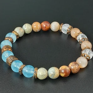 Браслет из натуральных камней: аквамарин, императорская яшма, солнечный камень, розовый кварц, горный хрусталь