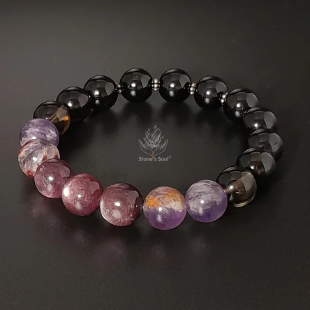 Браслет из натуральных камней: лепидолит, ауралит, раухтопаз, морион