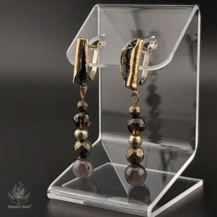 Серьги из натуральных камней: Тектит, Пирит, Раухтопаз (дымчатый кварц)