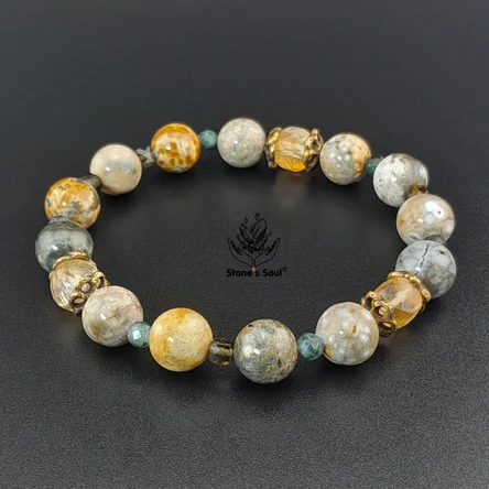 Браслет из натуральных камней: агат океанический, цитрин, турмалин, берилл (изумруд)
